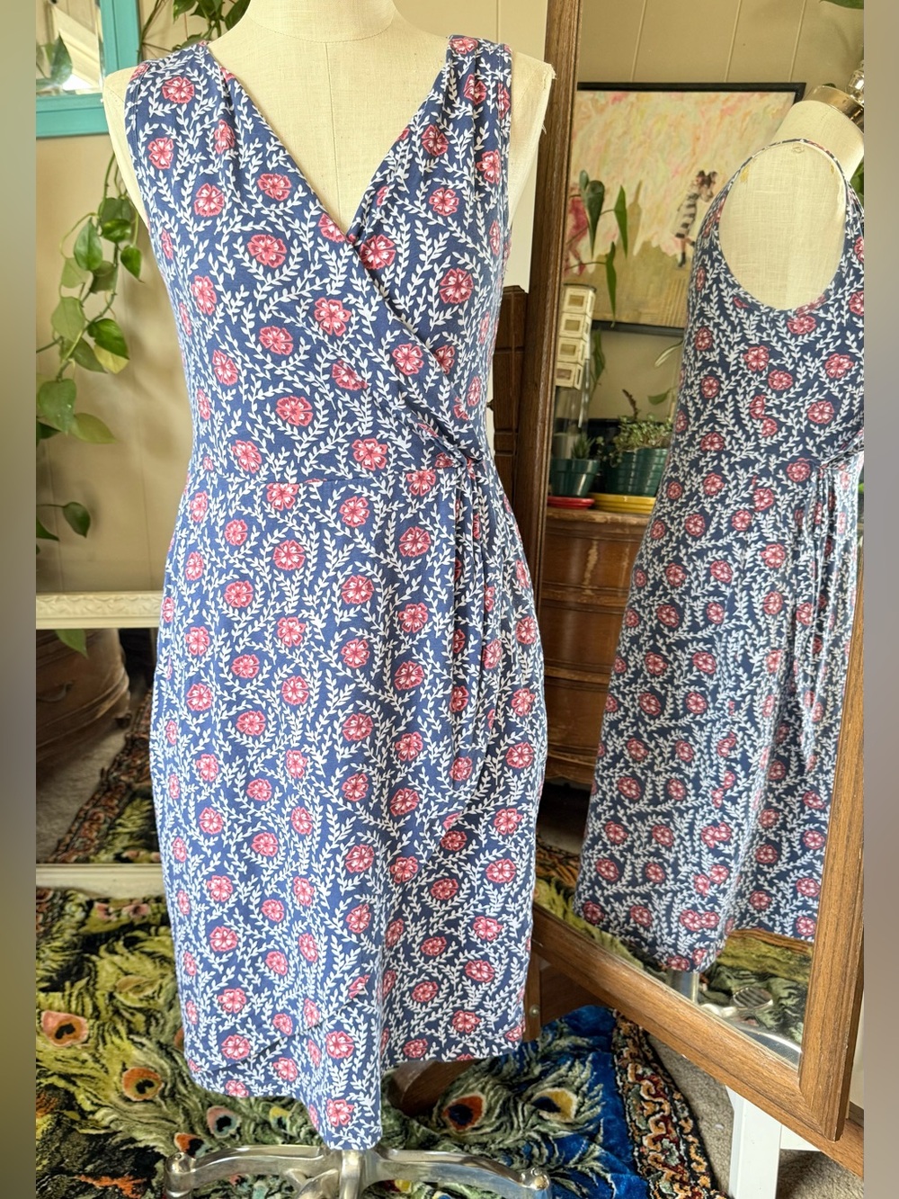 Mata Traders Navy Floral Midi Dress Organic Cotton Sleeveless Boho Casual L
